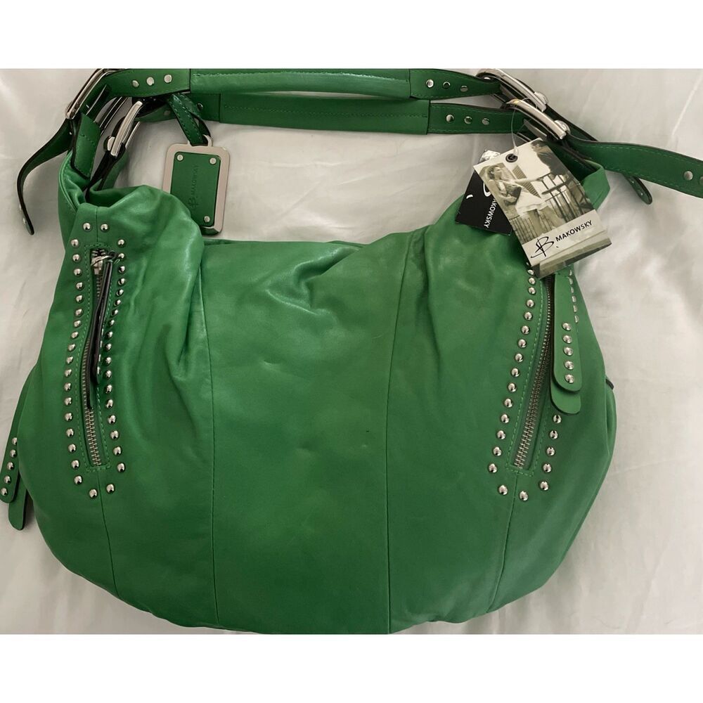 b. makowsky Green Leather Shoulder Bag with Silver Studs